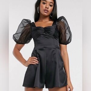 ASOS Black Organza Puff Sleeve Sweetheart Romper Womens Sz 4 Whimsigoth Goth